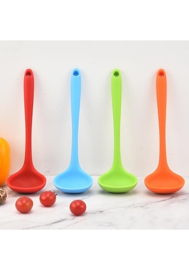 Kırmızı Kaşık Rahat Kavrama Uzun Saplı Asılı Delik Taşınabilir Yapışmaz Gıda Sınıfı Silikon Kaşık Karıştırma Kaşığı