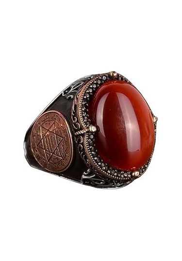 El Yapımı Sterlin Gümüş Yüzük İle Doğal Karnelyan Taşı Ve Süleyman Yıldızı Sembolü Gümüş