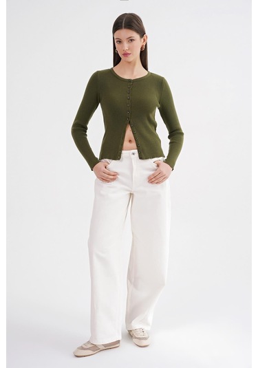 6931 Kadın Düğmeli Fitilli Triko Hırka Haki Haki
