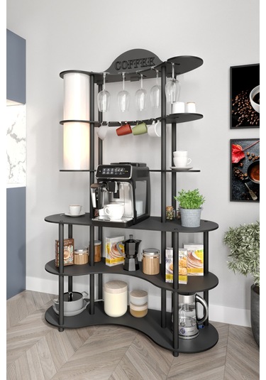 Brew-blıss Mutlu Kahve Köşesi-çok Amaçlı Mutfak Rafı Siyah-lambader Aydınlatmalı Siyah