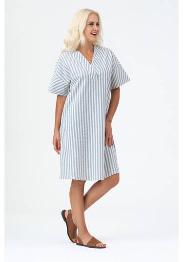 Bold & Young Kadın Cepli V Yakalı Kısa Kollu Pamuklu Elbise Ekru