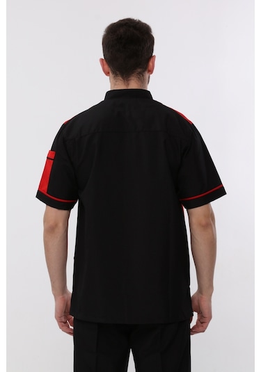 Uniprom Kısa Kollu Aşçı Ceketi Önlük Omuz Nakışlı Cepli Şef, Garson Siyah Kırmızı