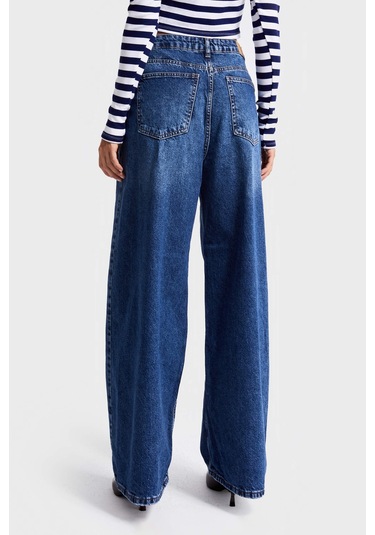 Itsbasic Kadın Koyu Mavi Renk 2w5-5 Süper Baggy Fit Bol Kesim Orta Bel %100 Koton Denim Jean