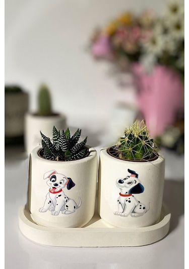 Tabaklı Dalmaçya Baskılı Mini Saksı Seti Hediyelik Dekoratif