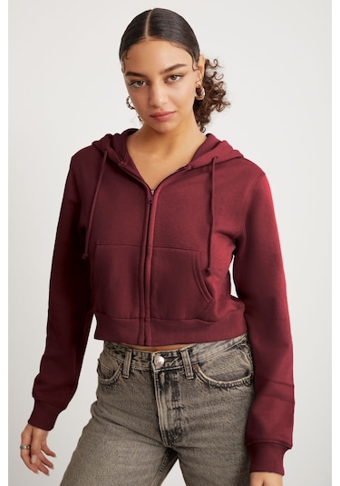 GRIMELANGE Delıa Kadın Crop İçi Polarlı Fermuarlı Organik Pamuklu Kapüsonlu Kordonlu Bordo Sweatshirt Bordo