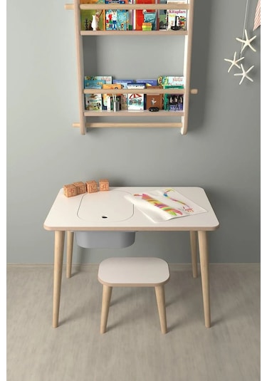 Çocuk Oyun Etkinlik Çalışma Masası Sepetli Ahşap Mdf Masa Takımı Beyaz-gri Beyaz - Gri