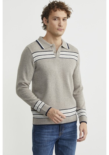 Polo Yaka Kilim Motifli Triko Kazak - Vizon Vizon