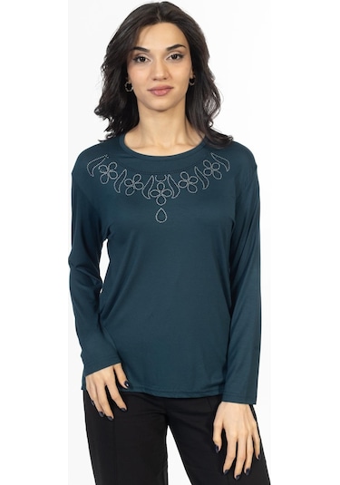 Yeni Model Taş İşlemeli Yuvarlak Yaka Likralı Anne Penye Bluz 6435-zümrüt Yeşili