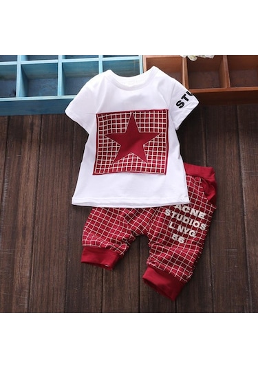 Kırmızı Yaz Yıldızı Desenli Çocuk Elbise Takımları Erkek Bebek Elbiseleri Kırmızı