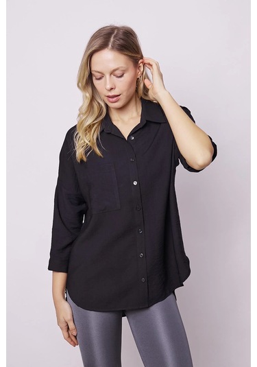 Kadın Keten Görünümlü Kolu Katlanabilir Rahat Kesim Uzun Tunik Gömlek-siyah Siyah