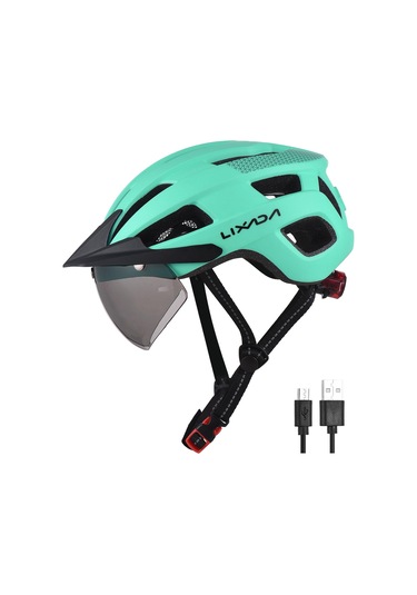 Yeşil Ön Cam Ve Güneşlik İle Bisiklet Kaskı Şarj Edilebilir Kuyruk Işığı Ayarlanabilir Bisiklet Kaskı Yeşil
