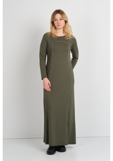 Sistas Kadın Parlak Taş Detaylı Uzun Kollu Çift Cepli Elbise 23824 Haki Haki
