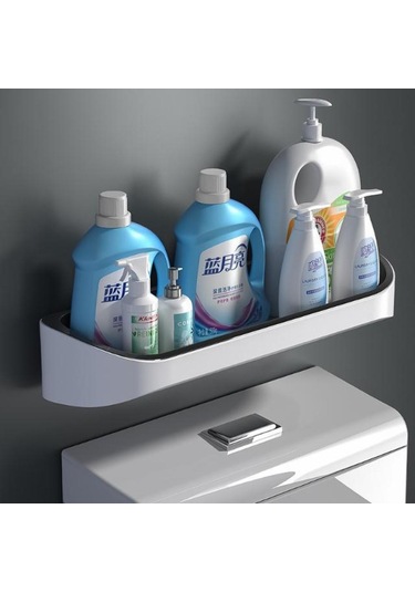 Siyah Tuvalet Rafı Duvara Monte Çok Fonksiyonlu Banyo Tuvalet Malzemeleri Büyük Deliksiz Banyo Depolama Rafı Siyah