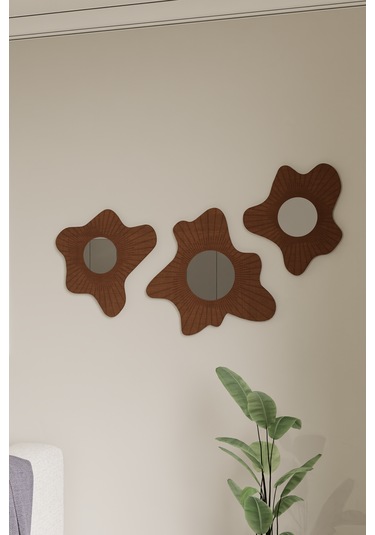 Lüks 3 Parçalı Pleksi Aynalı Ahşap Duvar Dekoru Krem