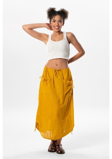 Gökşen Vual Bağlama Ve Lastik Detay Midi Boy Yazlık Otantik Etek Hardal Hrd-hardal Hardal