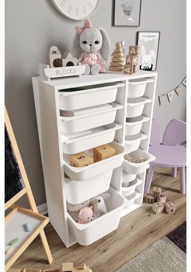 %100 Mdf - Large Duo 14 Sepetli Oyuncak Dolabı Beyaz