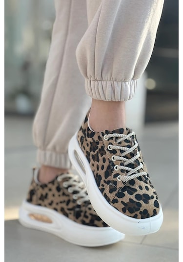 Günlük Kadın Sneaker Örgü Bağcıklı Hafif Kalın Yüksek Balon Taban Yürüyüş Spor Ayakkabı 5750 Leopar