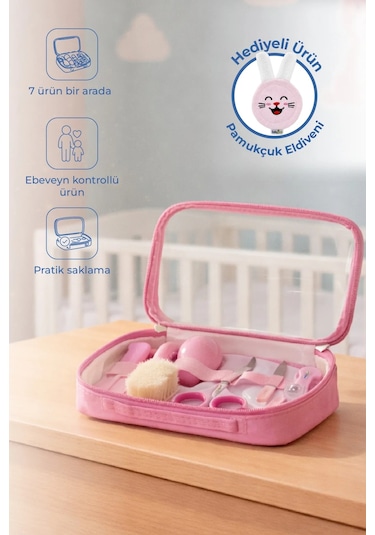 Babyjem Bebek Bakım Bakım Seti Mavi 7 Parça Pembe + Pamukçuk Eldiveni Pembe Hediyeli