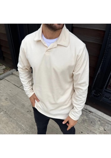 Erkek Fitilli Polar Sweatshirt Düğmesiz Polo Yaka, Oversize Rahat Kalıp, Kalın Polar Kumaş, Kışlık Beyaz