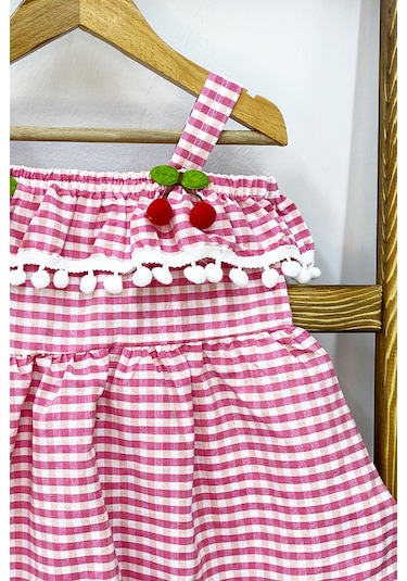 Kız Çocuk Askılı Elbise Dantelli Ekose Desenli B14 Pembe