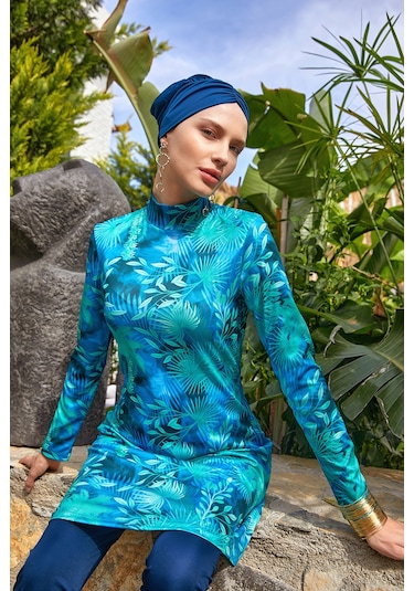 Likralı Tam Kapalı Tesettür Mayo Desenli 3102 Açık Lacivert Açık Lacivert