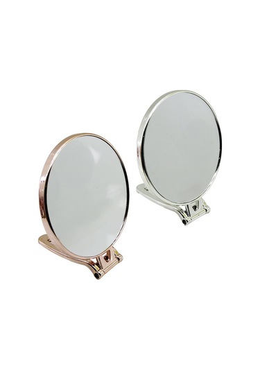 Yuvarlak 6 İnç Çap:15cm Makyaj Aynası Çift Taraflı Bronz - Gümüş Pls.çerçeve Katlanır Ayaklı 4741 Gri - Gümüş