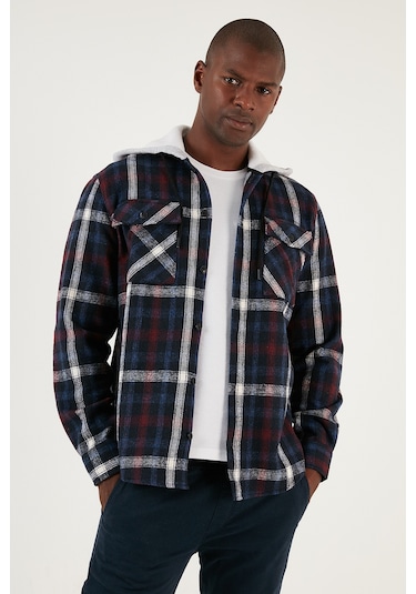 Buratti Ekoseli Çift Cepli Kapüşonlu Oduncu Erkek Gömlek Cf22W2650 Lacivert-Ekru