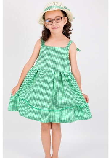 Kız Çocuk Şapkalı Elbise Kareli Fiyonklu B33 Yeşil