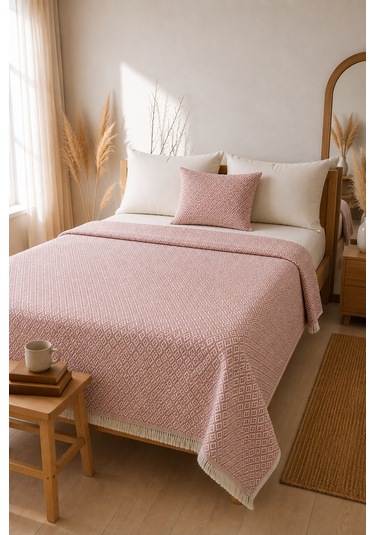 Dokuma Pike Çiftkişilik 200x220 Çok Amaçlı Bohem Yatak Örtüsü Pembe