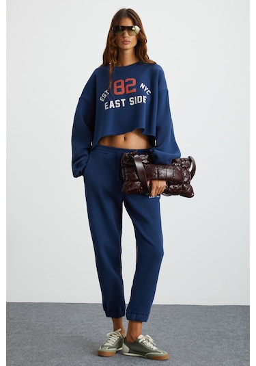 Gloryy Kadın Comfort Fit Baskı Detaylı Lastikli Paça Organik Pamuklu Lacivert Eşofman Takımı