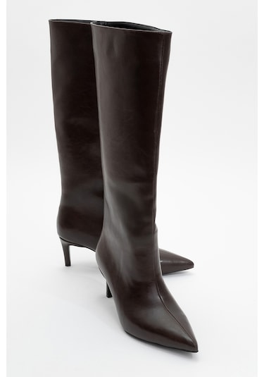 Camila Kahverengi Cilt Kadın Topuklu Çizme Kahverengi Deri