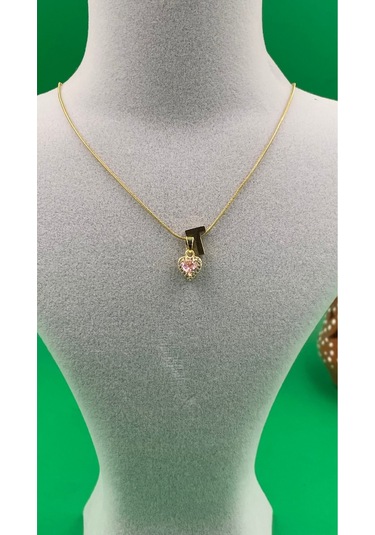 14k Altın Renginde T Harf Pembe Kalpli Minimal Çelik Kadın Kolye Altın