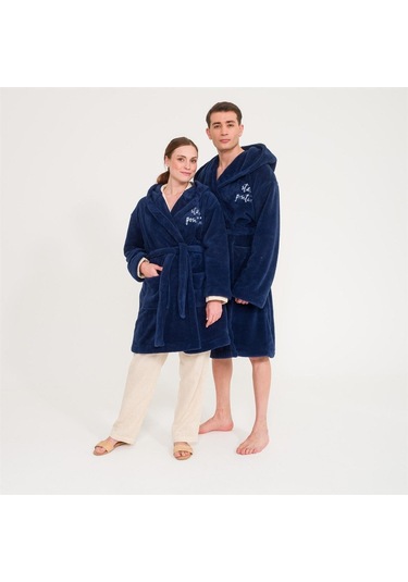 Uzun Kapüşonlu Welsoft Sabahlık Aile Seti-Lacivert
