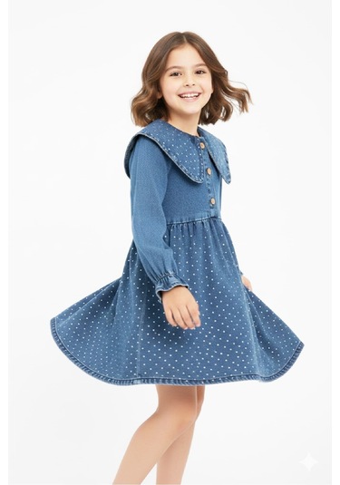 Kız Çocuk Taş Süslemeli Ve 3 Düğme Kapatmalı Jean Elbise 12444 İndigo