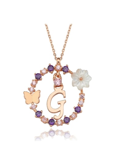 Mia vento Manolya Çiçeği Düşler Işıltısı G Harfi Rose Renk Gümüş Harfli Kolye
