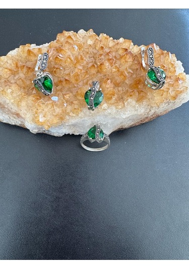 Aysesa Kalpli Yeşim Taşı Üzeri Markazit Kadın Gümüş Set