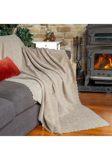 Jakarlı Şönil Koltuk Örtüsü Kanepe Örtüsü Koltuk Şalı 110x175 2 Ad. Kaymaz Bej Bej