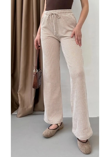 Yandan Cepli Beli Bağcıklı Su Yolu Kadın Çizgili Pantolon Kahverengi