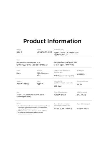 Usams Us-sj578 5 In 1 Çok Fonksiyonlu Type-c Hub 3 Usb+type-c+4k Hdmı Ports