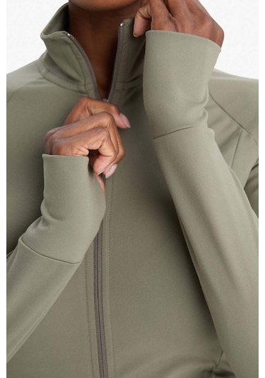 Defacto Defactofit Fitted Vücuda Oturan Ultra Soft Dik Yaka Çift Cepli Parmak Detaylı Fermuarlı Spor Hırka B3985ax25aukh422 Haki