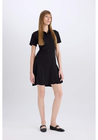 DeFacto Polo Yaka Basic Düz Kısa Kollu Pileli Mini Elbise D4203AX24AUBK27
