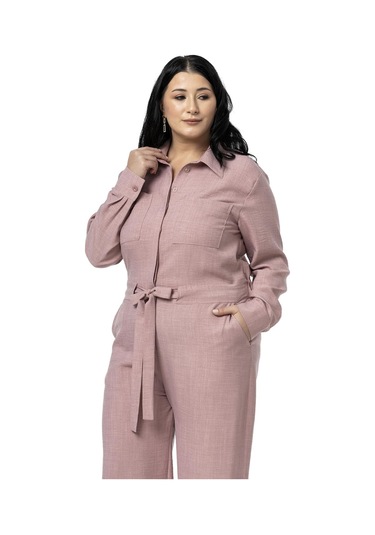 Büyük Beden Beli Tünelli Ve Arkadan Lastikli Geniş Paça Pembe Tulum Pembe