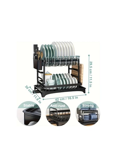 Honeybeeshop Siyah 2 Katlı Karbon Çelik Bulaşık Rafı Süzgeç Mutfak Eşyaları Tutucu Ve Bardak Askılı Siyah