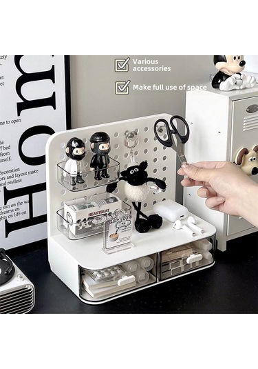 Konesam Masa Üstü Delikli Tahta Çekmeceli Saklama Kutusu - Deliksiz Kurulum, Çok Amaçlı Organize, Sağlam Malzeme Beyaz