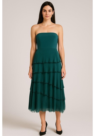 İtalyan 2 Beden Ince Gösteren Kat Kat Ipek Etek & Straplez Elbise Zümrüt Yeşili