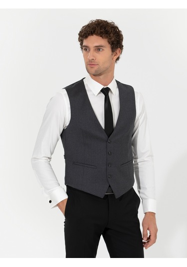Cacharel Antrasit Slim Fit Yün Karışımlı Yelek Gri