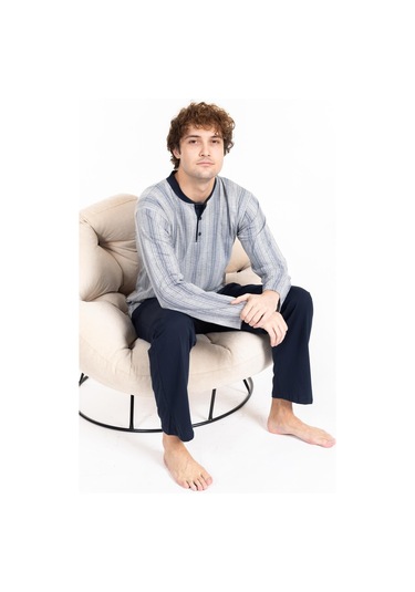 Erkek Penye Pamuk Regular Kalıp Sıfır Yaka Kaliteli Pijama Takımı A803123 Açık Gri