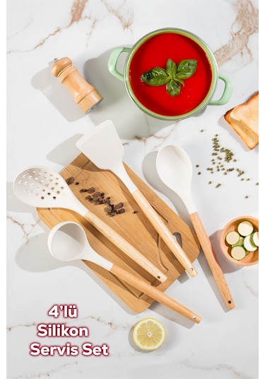 Porsima 3166 Bambu Silikon 4 Parça Servis Takımı Seti Beyaz Beyaz