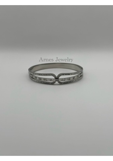 Arnes Jewelry Çelik Silver Roma Rakamlı Kelepçe Bileklik Ar10 Silver