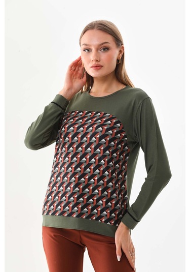 Sistas Kadın Desenli Uzun Kol Bluz 23618 Yeşil